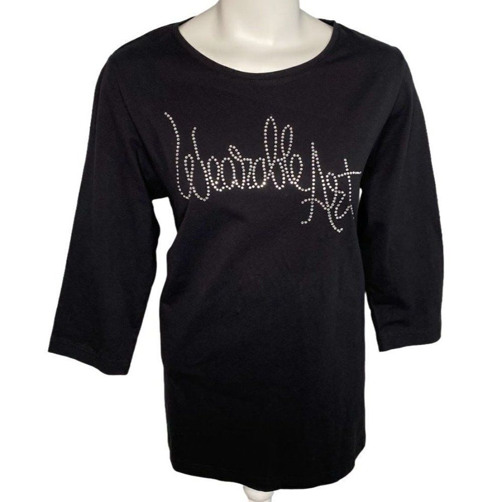 Bob Mackie Black 3/4 Sleeve Wearable‎ Art Rhinestone Cotton Top Sz Medium New